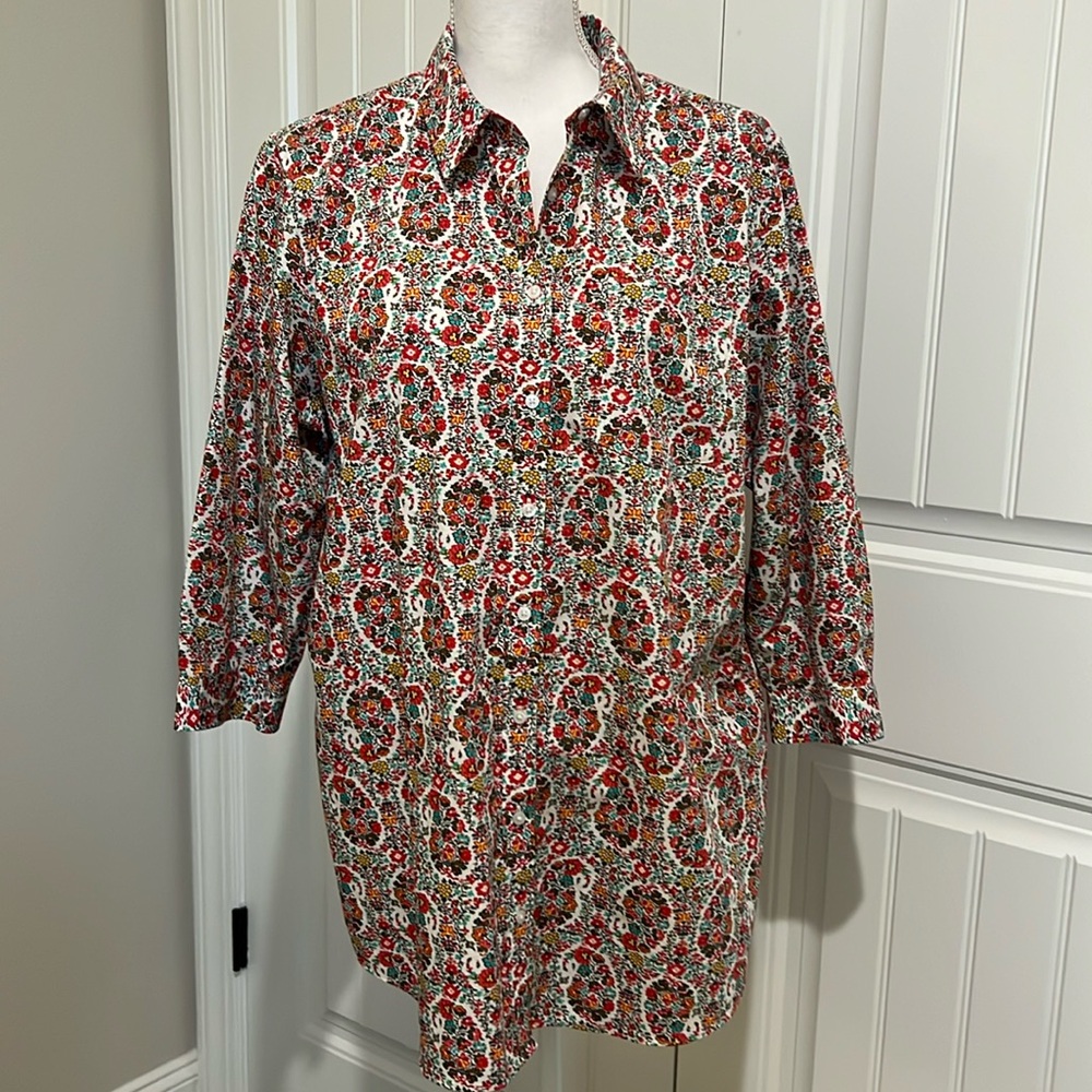 Lands' End Tunic‎ No Iron Top Blouse 16 Ivory Paisley Floral career Floral
